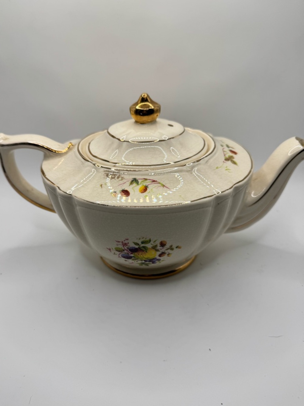 Sadler stamped, Porcelain Teapot with Floral Fruit Motif and Gold Trim